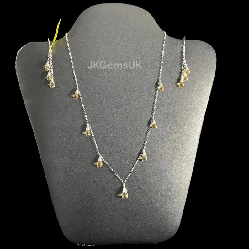 Natural Citrine Necklace and Earrings Set 925 Sterling Silver Citrine Gemstones Necklace Set Citrine Faceted Drops Necklace Set