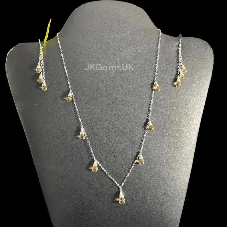 Natural Citrine Necklace and Earrings Set 925 Sterling Silver Citrine Gemstones Necklace Set Citrine Faceted Drops Necklace Set