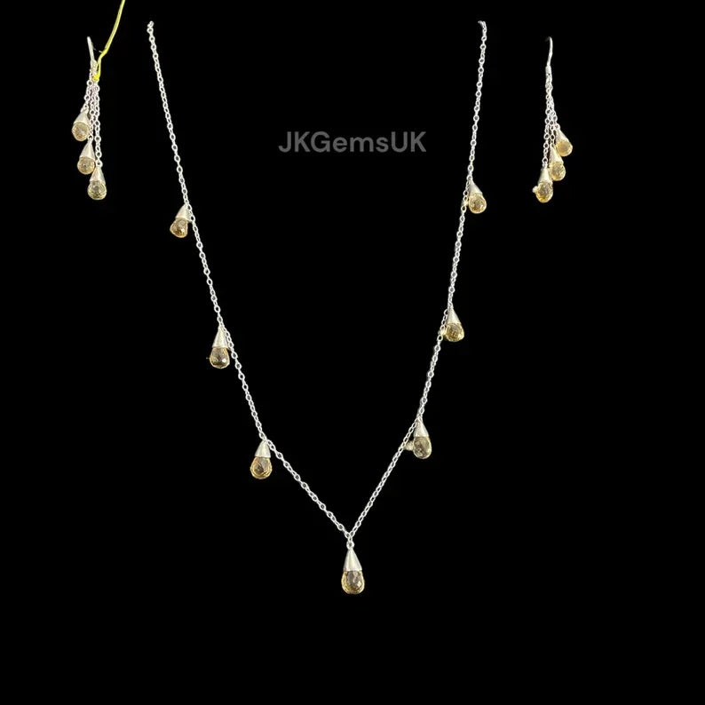 Natural Citrine Necklace and Earrings Set 925 Sterling Silver Citrine Gemstones Necklace Set Citrine Faceted Drops Necklace Set