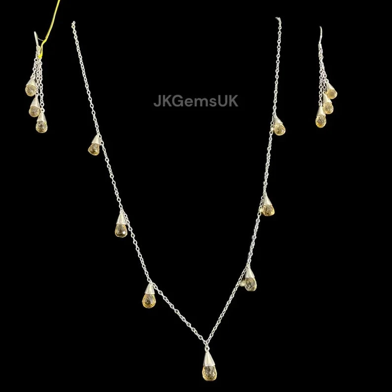 Natural Citrine Necklace and Earrings Set 925 Sterling Silver Citrine Gemstones Necklace Set Citrine Faceted Drops Necklace Set