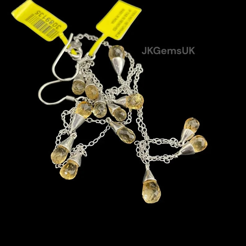 Natural Citrine Necklace and Earrings Set 925 Sterling Silver Citrine Gemstones Necklace Set Citrine Faceted Drops Necklace Set