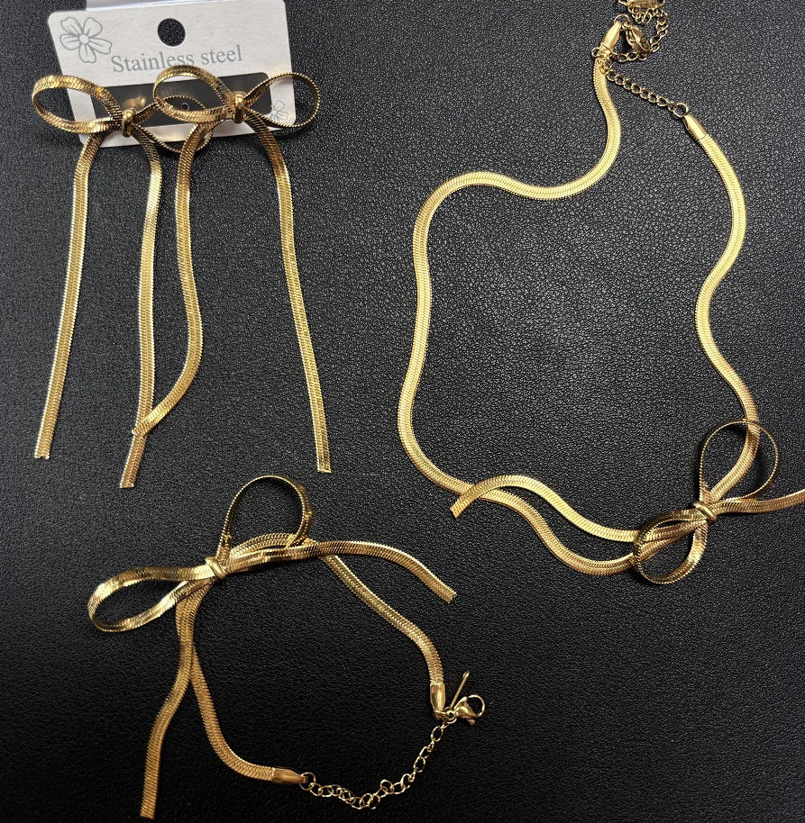 High Quality2024 Hot Snake Chain Bow Tassel Earrings Bow Necklace Elegant Bracelet Jewelry Set Stainless Steel Pvd Gold Necklace