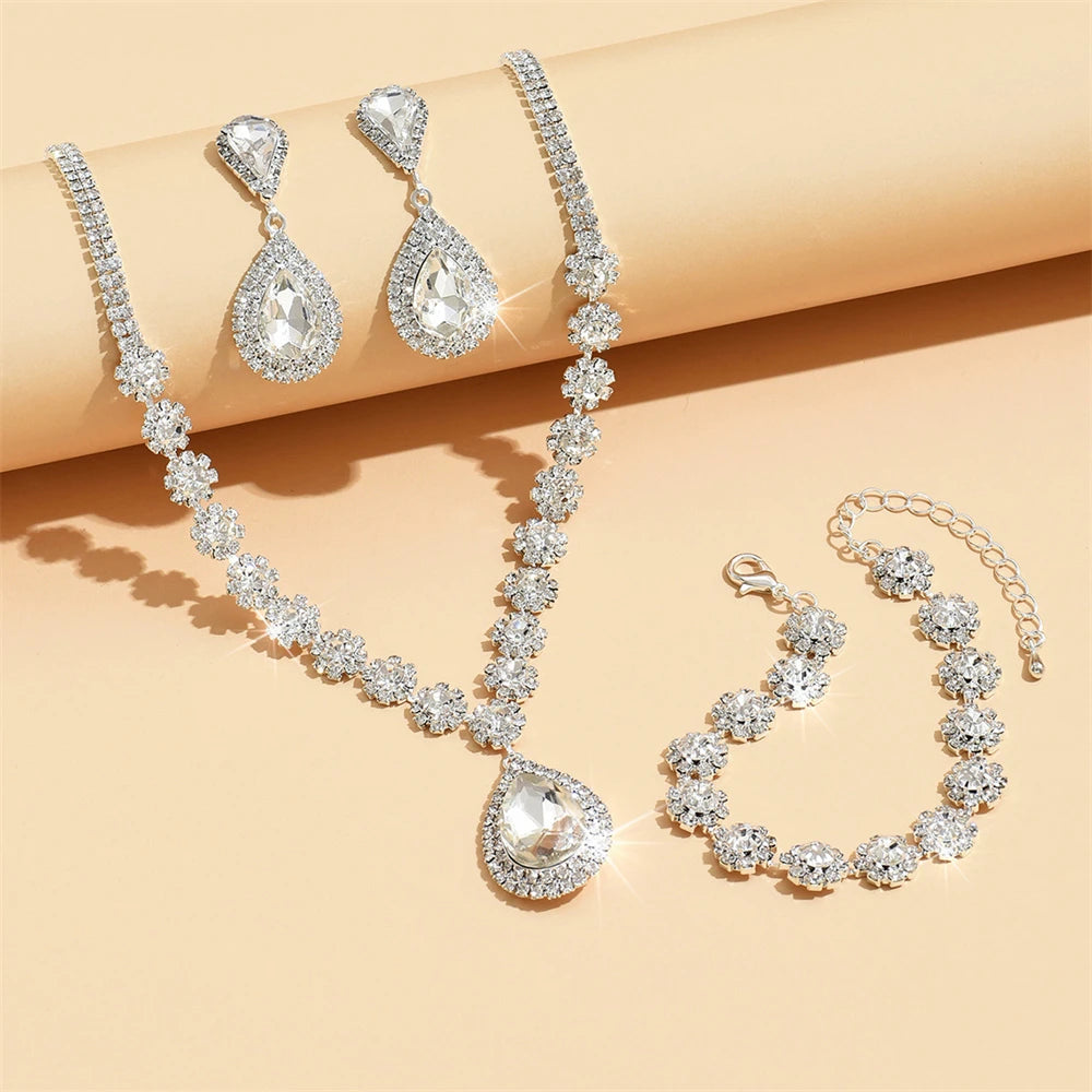 Three-Piece Bridal Wedding Jewelry Set Faux Diamond Flower Embellished Full Necklace and Earrings Stylish Ring Included
