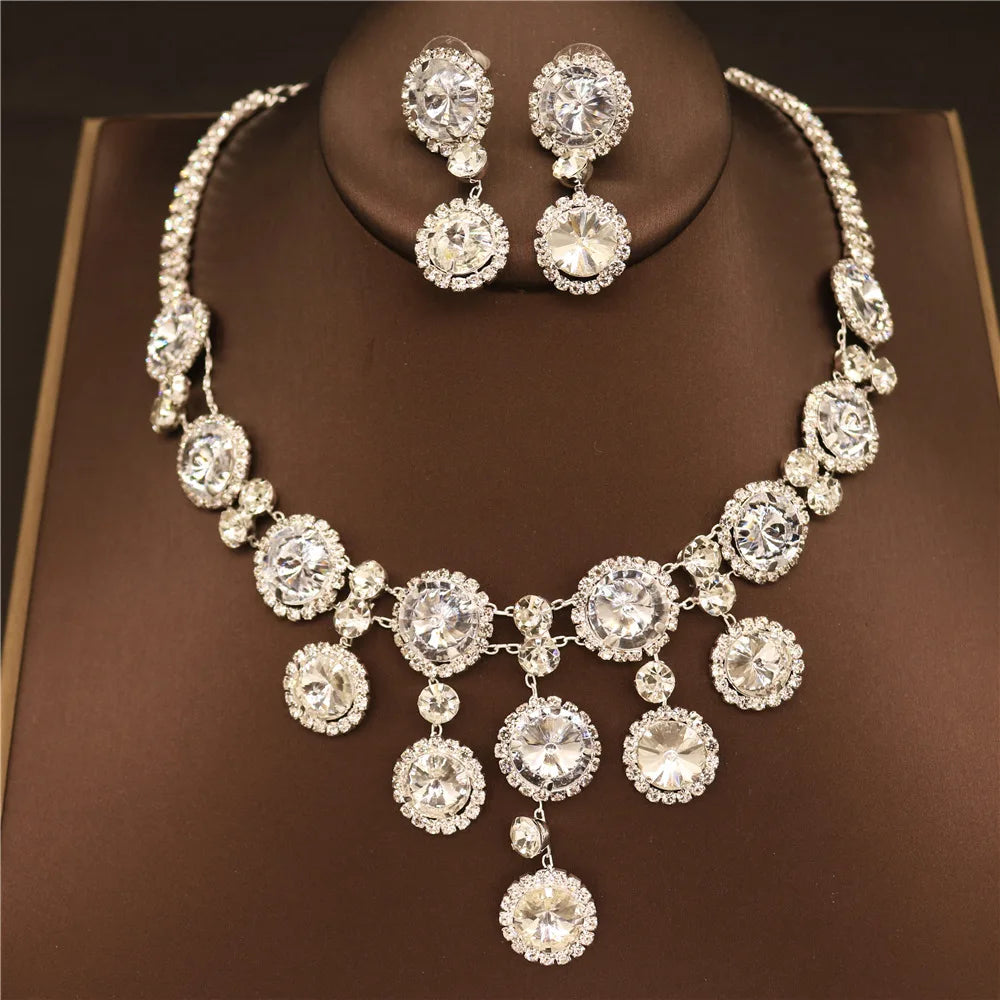 Green Women Crystal Necklace Earring Set Luxury Statement Bridal Party Jewelry Sets Formal Dress
