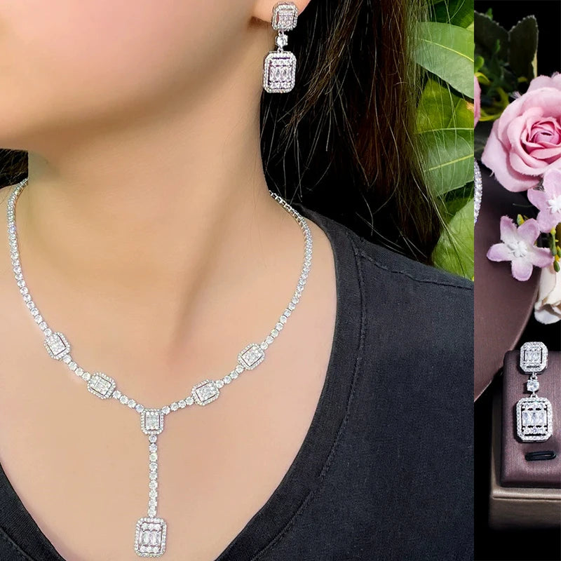 Shiny Baguette Cubic Zirconia Wedding Jewelry Sets Rhodium Plated Earrings and Necklace for Bridal Party for Gift