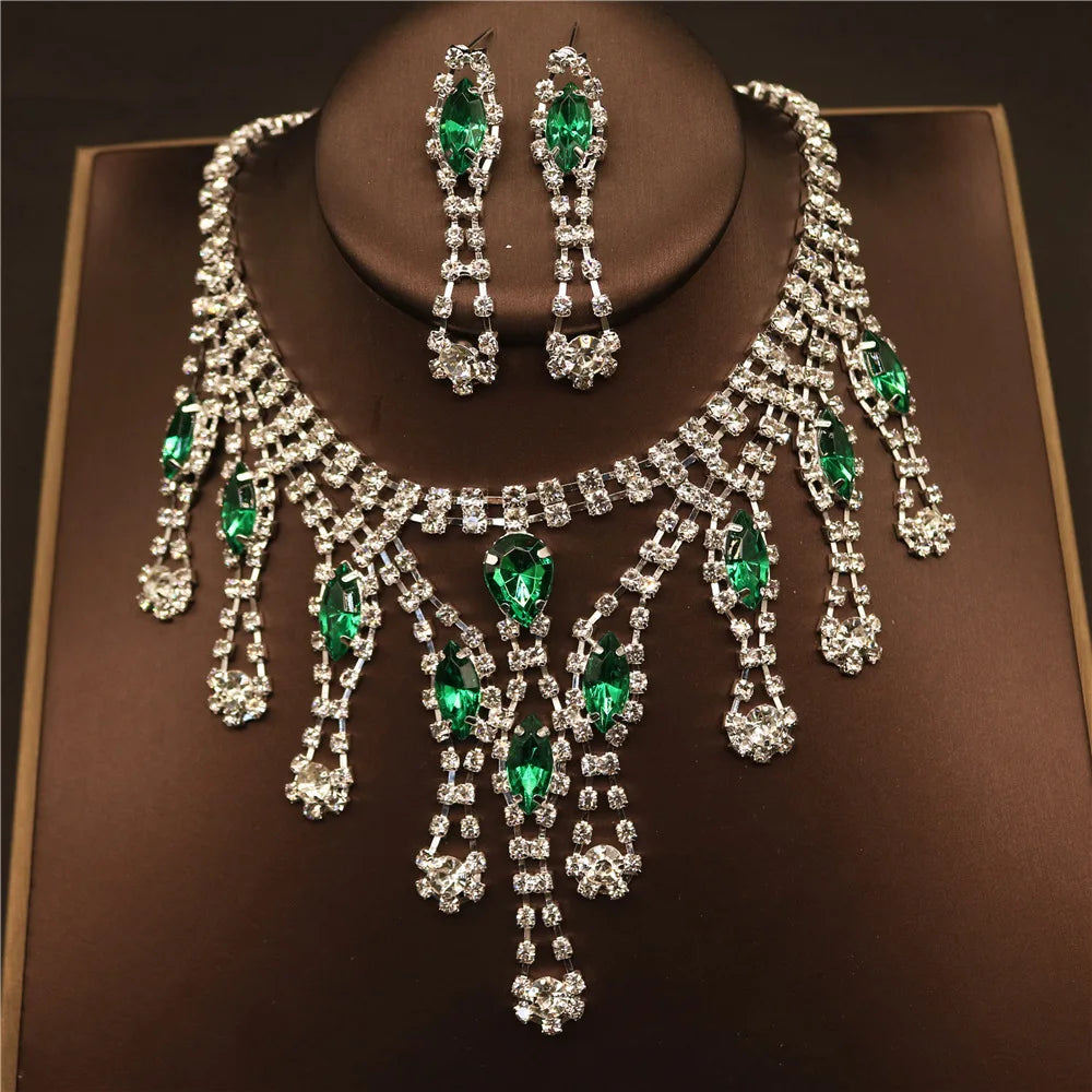 Green Women Crystal Necklace Earring Set Luxury Statement Bridal Party Jewelry Sets Formal Dress