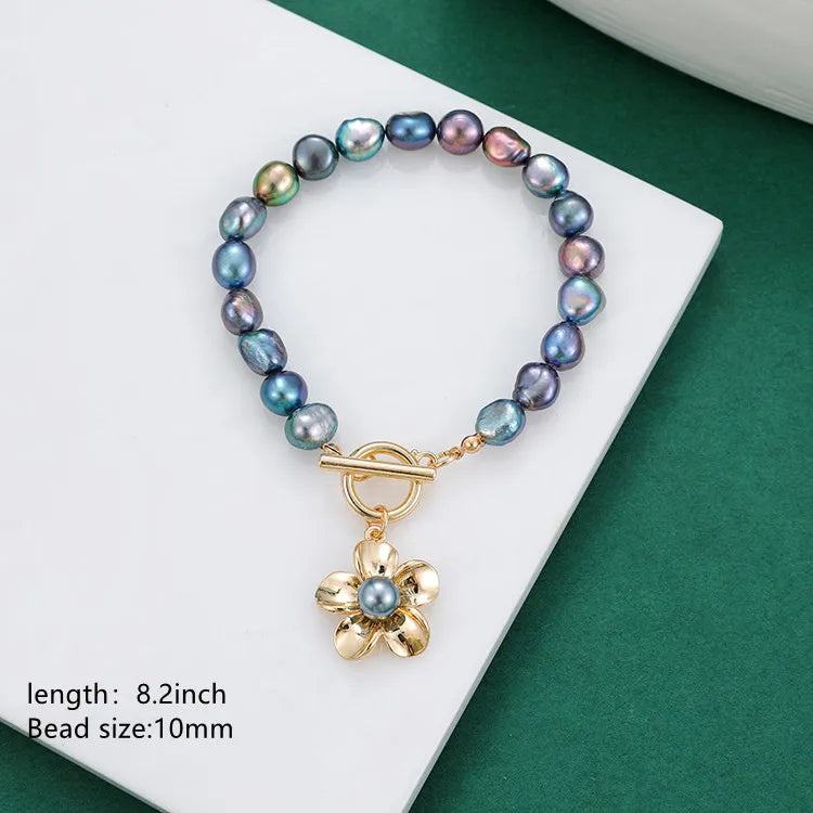 Adjustable Gemstone  Phone Bracelet Real Pearl and Gold Chain Bracelet Black Pearl Men Bracelets Clover