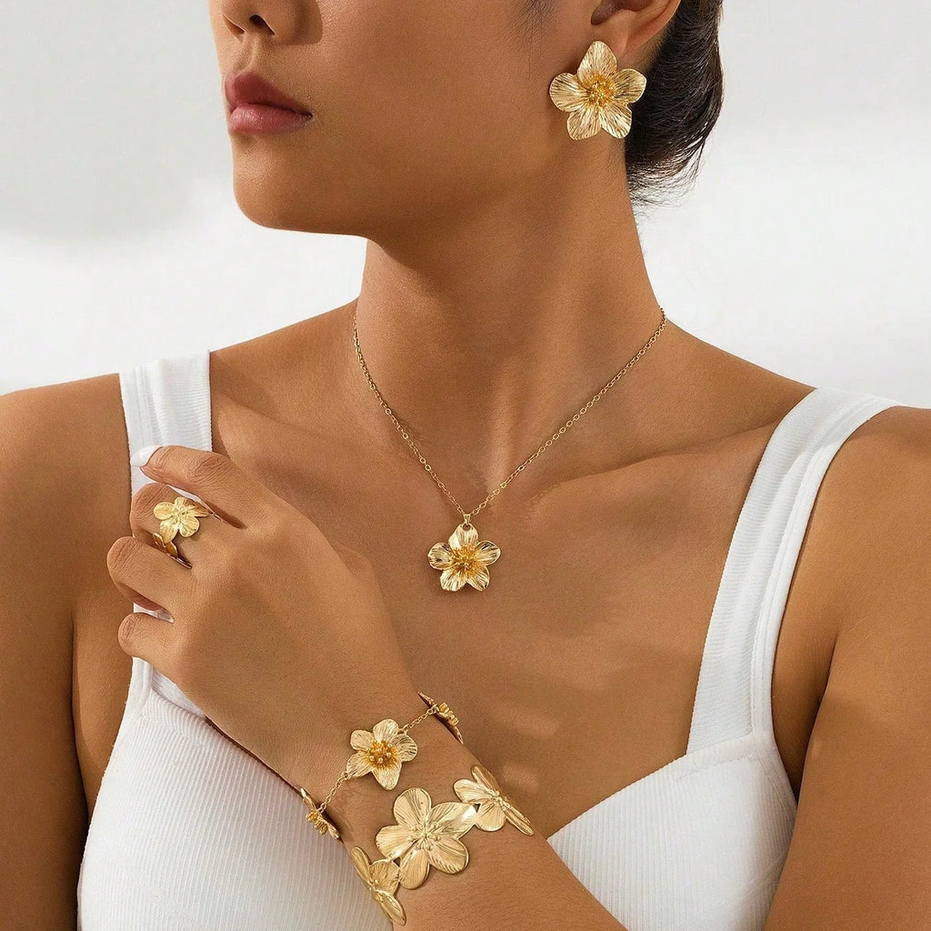 European American Cross-Border Fashion Floral Set for Shein Hot-Selling Golden Stamen Pendant Necklace Bracelet Earrings Women