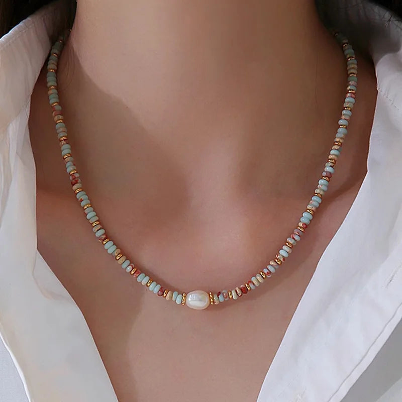 Natural Colored Shoushan Stone Pearl Necklace Women's Autumn Winter Fashion Luxury Collarbone Chain Necklace Jewelry Wholesale