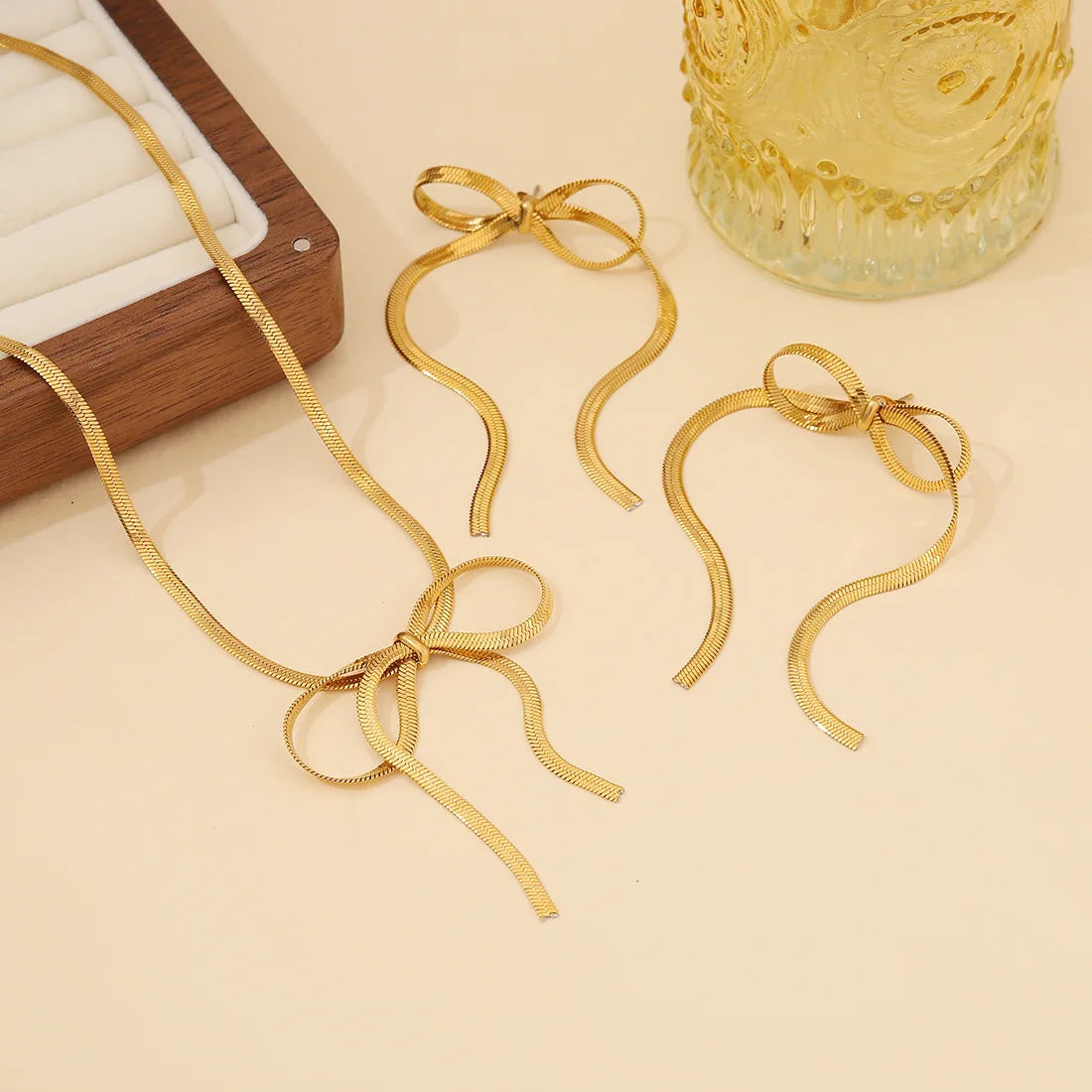 High Quality2024 Hot Snake Chain Bow Tassel Earrings Bow Necklace Elegant Bracelet Jewelry Set Stainless Steel Pvd Gold Necklace
