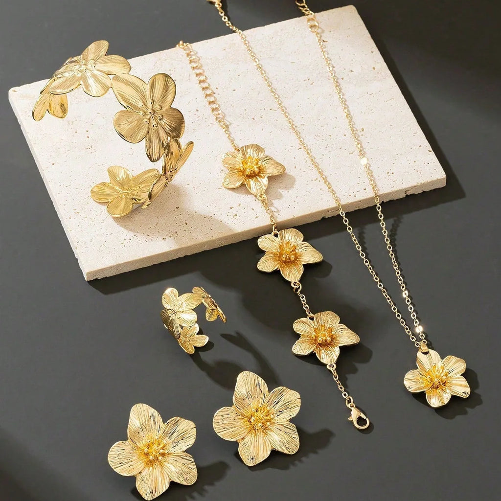 European American Cross-Border Fashion Floral Set for Shein Hot-Selling Golden Stamen Pendant Necklace Bracelet Earrings Women