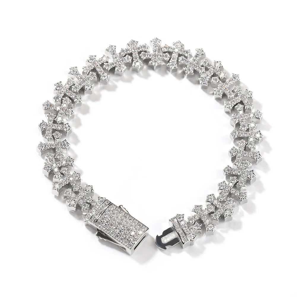 Xiangluo Luxury 11.5MM Cross Charm Bracelet Hip-hop Style Iced Zircon Brass Inlaid Rhodium 18K Gold Plated Unisex Fashion