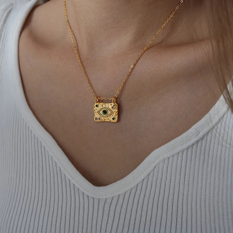 Fandi Jewelry Dainty Stainless Steel Square Pendant Necklace 18k Gold Plated Cz Necklace Vintage Evil Eyes Turquoise Necklace