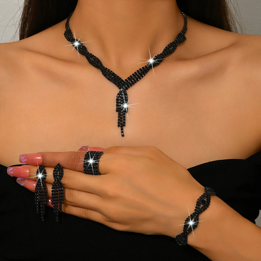 Hot Selling Wedding Accessories Black Necklace and Bracelet Sets Jewellery Rhinestones Bridal Jewelry Set for Wedding Women