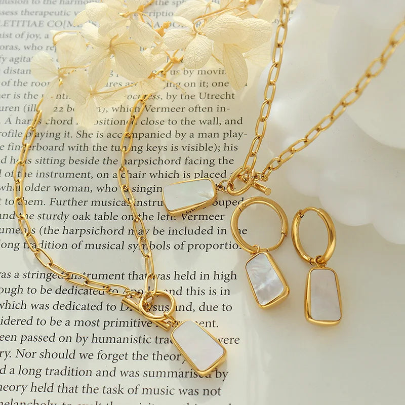 Korean Square Plate Diamond White Sea Shell Pendant Necklace 18K Gold Plated Geometric Earrings Necklace Jewelry Set