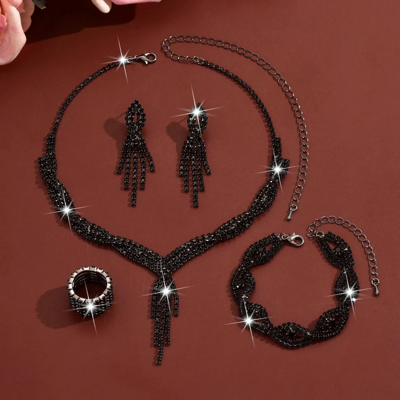 Hot Selling Wedding Accessories Black Necklace and Bracelet Sets Jewellery Rhinestones Bridal Jewelry Set for Wedding Women