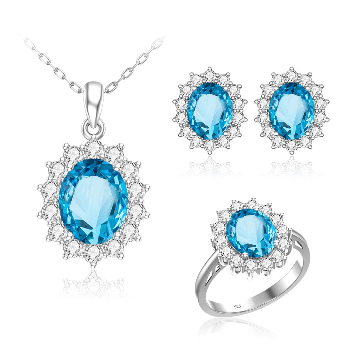 Wholesale Luxury Bridal Jewelry Set 925 Sterling Silver Sapphire Halo Ring Earrings Pendant for Women's Wedding Jewelry