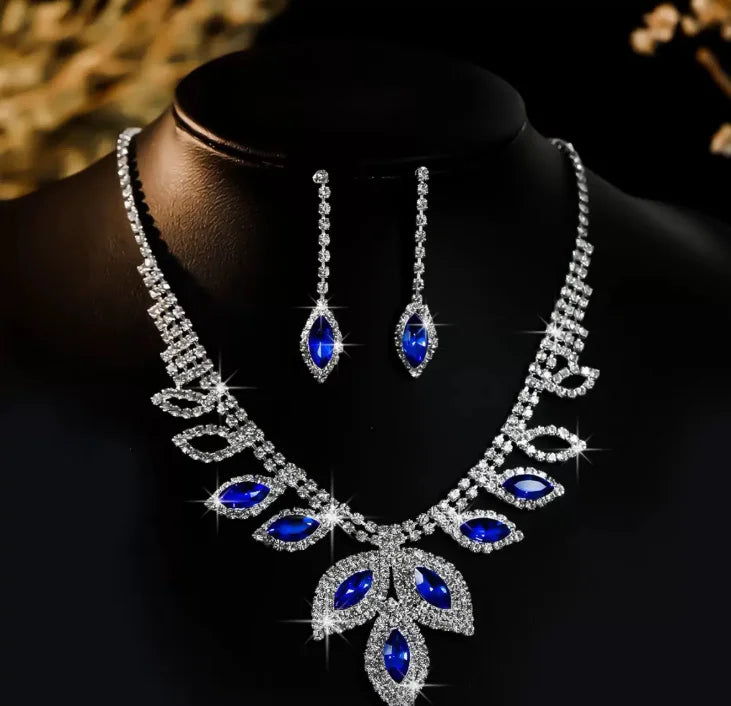 F Wholesale Blue Claw Chain Necklace and Earrings Set Cross Border Bride Collection-Alloy Jewelry with Rhinestone Blue Color