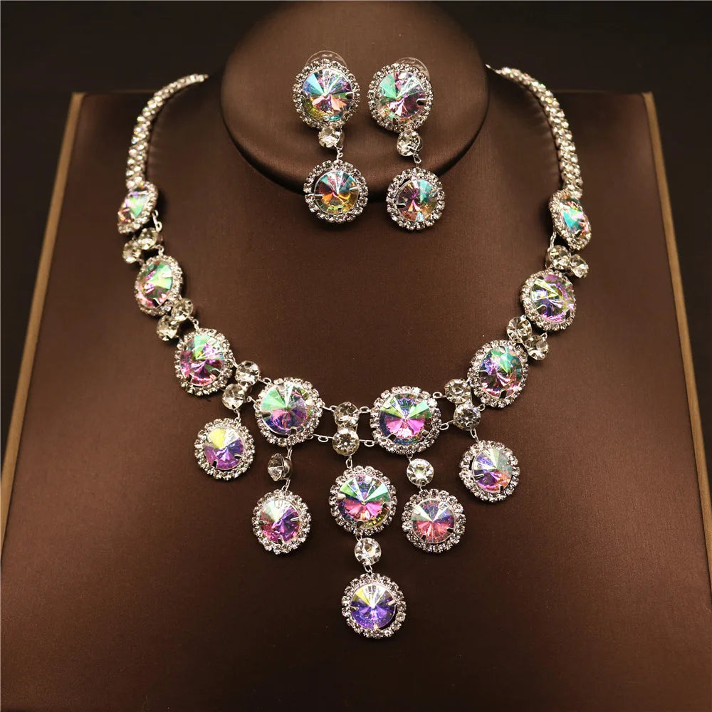 Green Women Crystal Necklace Earring Set Luxury Statement Bridal Party Jewelry Sets Formal Dress