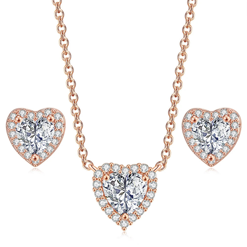 Fashion Trend Valentines Day Gift Heart Zircon Birthstone Necklace and Earring Jewellery Sets for Wedding Bridal