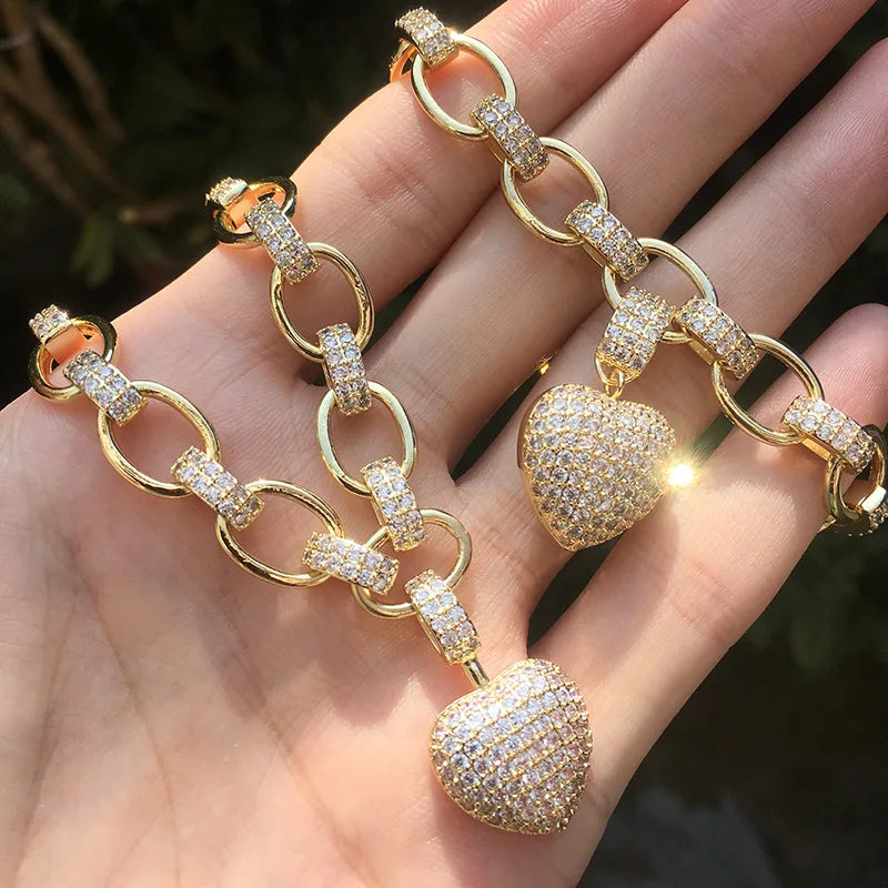 New Fashion Heart Shape Zircon Necklace and Bracelet Set Women Bridal Wedding Accessories Jewelry Gifts