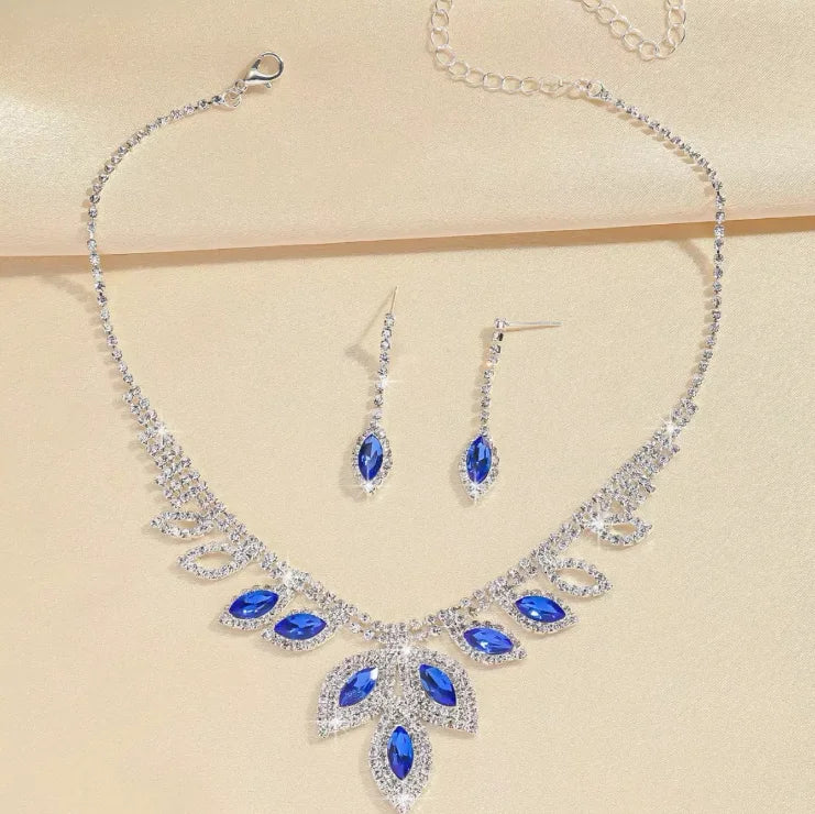 F Wholesale Blue Claw Chain Necklace and Earrings Set Cross Border Bride Collection-Alloy Jewelry with Rhinestone Blue Color