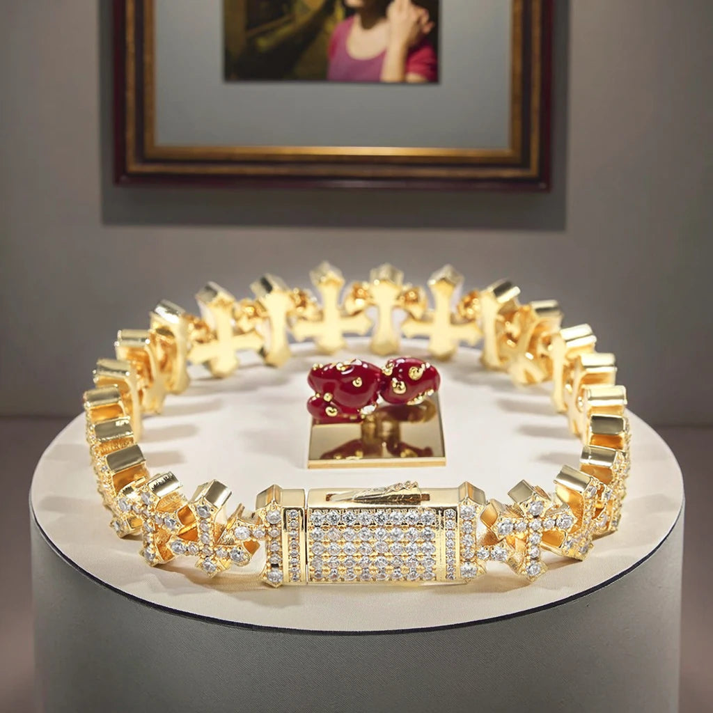 Xiangluo Luxury 11.5MM Cross Charm Bracelet Hip-hop Style Iced Zircon Brass Inlaid Rhodium 18K Gold Plated Unisex Fashion