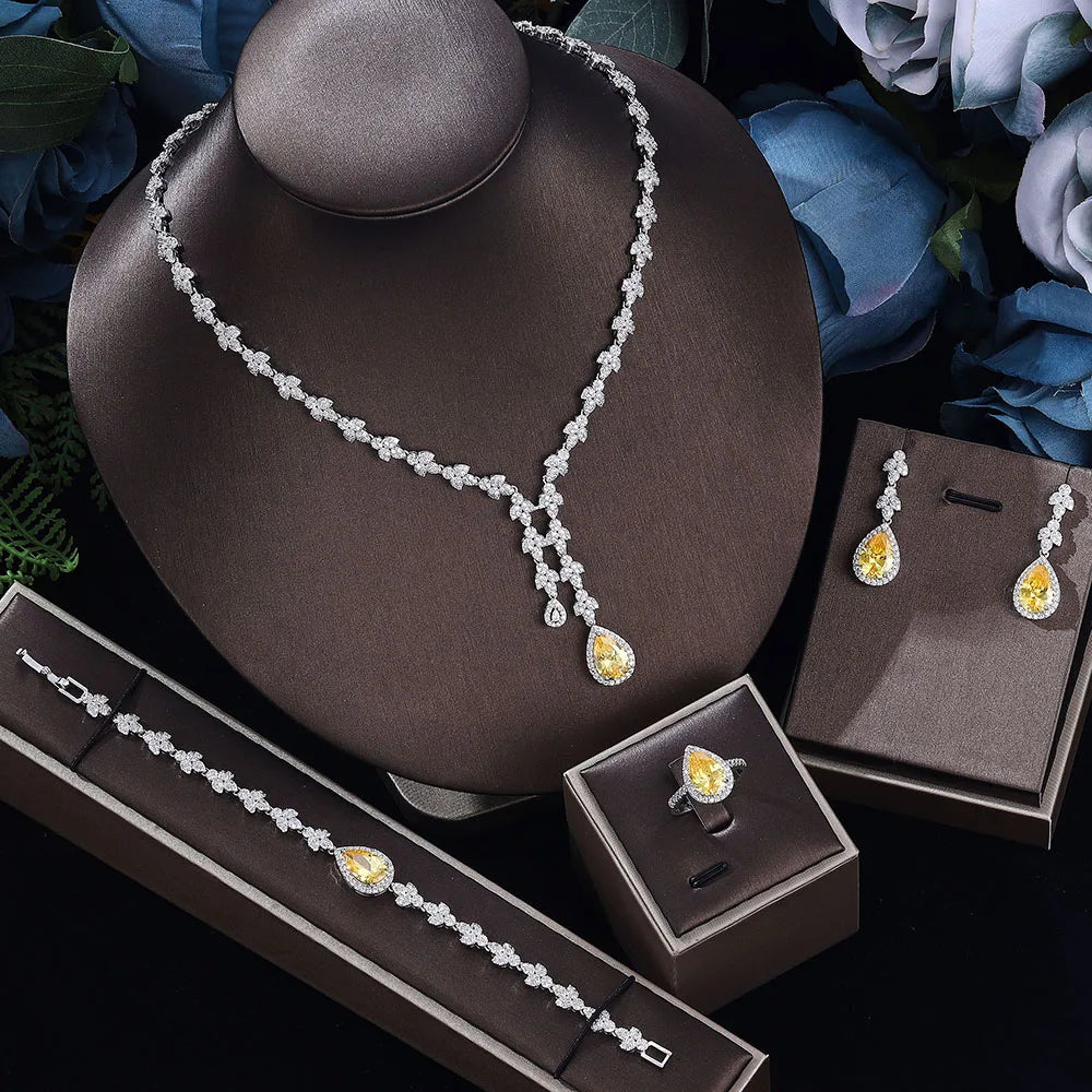 Fashion Water Drop Pendant Necklace and Earrings Sets Women Cubic Zirconia Jewellery Bridal Wedding Jewelry Set