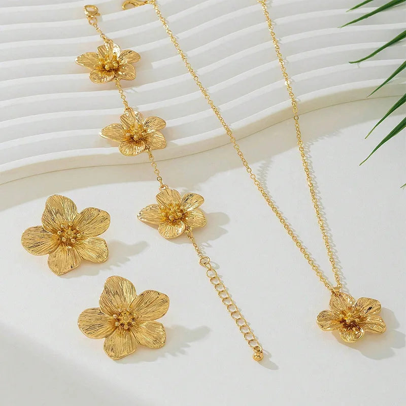 European American Cross-Border Fashion Floral Set for Shein Hot-Selling Golden Stamen Pendant Necklace Bracelet Earrings Women