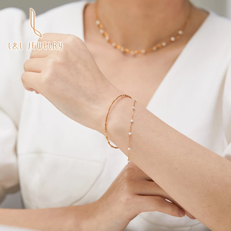 2025 Popular Women's 18K Real Gold Freshwater Pearl Bracelet with Elastic Link Chain Unique Design Artistic Style for Party Gift