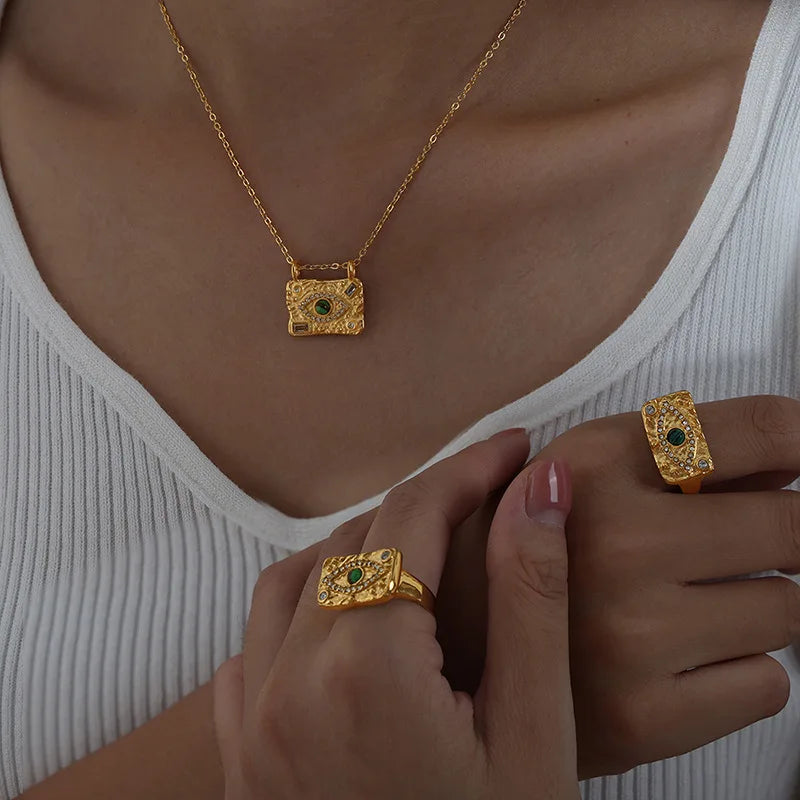 Fandi Jewelry Dainty Stainless Steel Square Pendant Necklace 18k Gold Plated Cz Necklace Vintage Evil Eyes Turquoise Necklace
