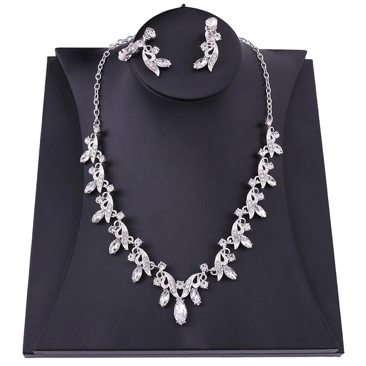 High Quality Luxury Bridal Crystal Jewelry Set Wedding Accessories-Classic Style Necklace Earrings with Zircon Stone for Parties