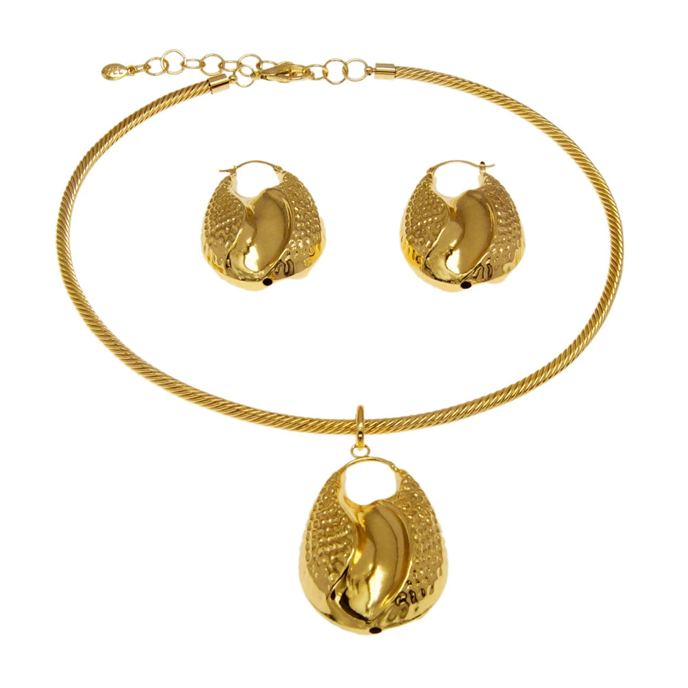 Yulaili Fashion Jewelry Set Gold-Tone Textured Teardrop Pendant Necklace &amp; Hoop Earrings