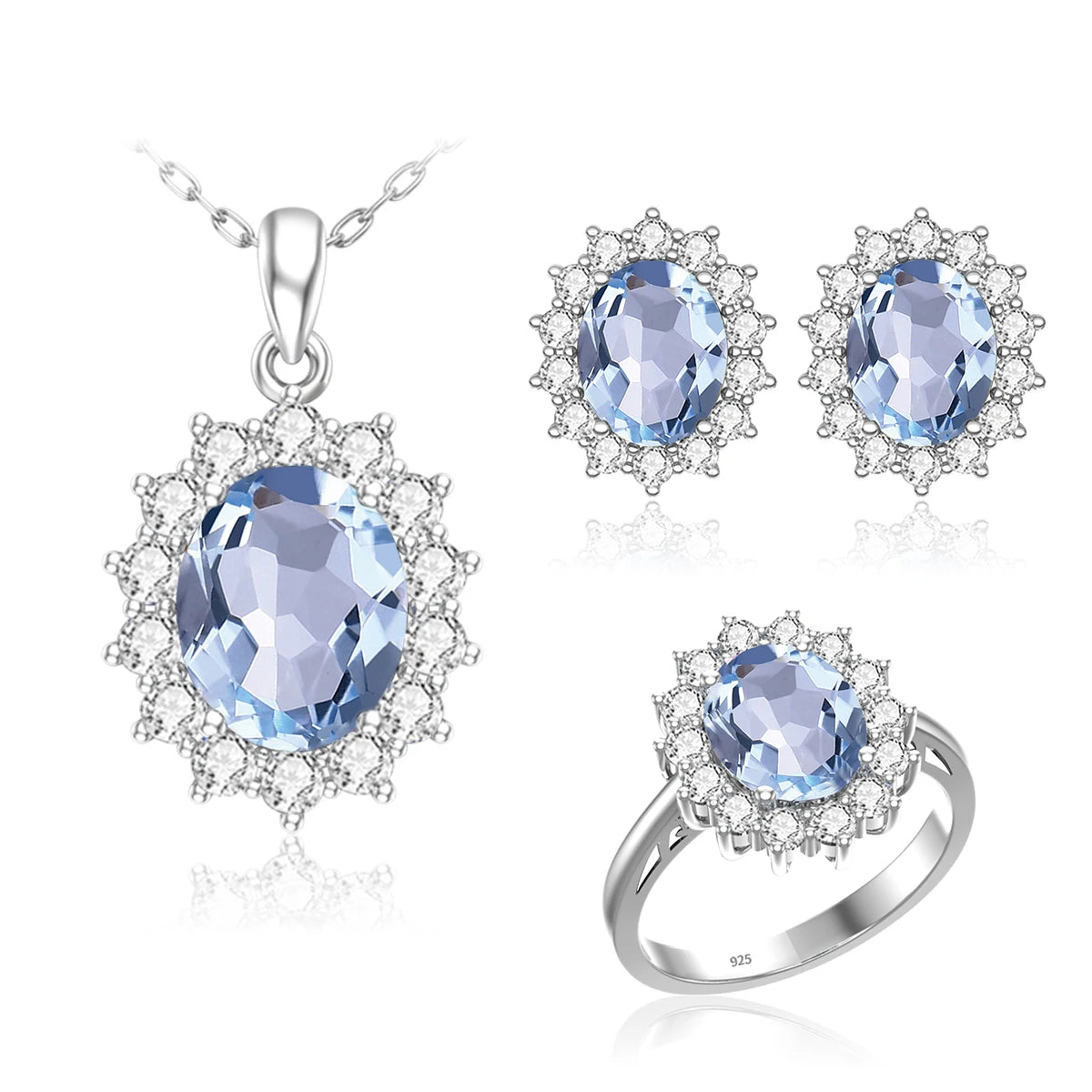 Wholesale Luxury Bridal Jewelry Set 925 Sterling Silver Sapphire Halo Ring Earrings Pendant for Women's Wedding Jewelry