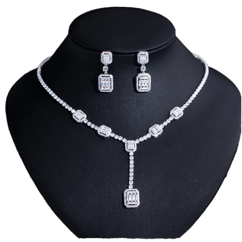 Shiny Baguette Cubic Zirconia Wedding Jewelry Sets Rhodium Plated Earrings and Necklace for Bridal Party for Gift