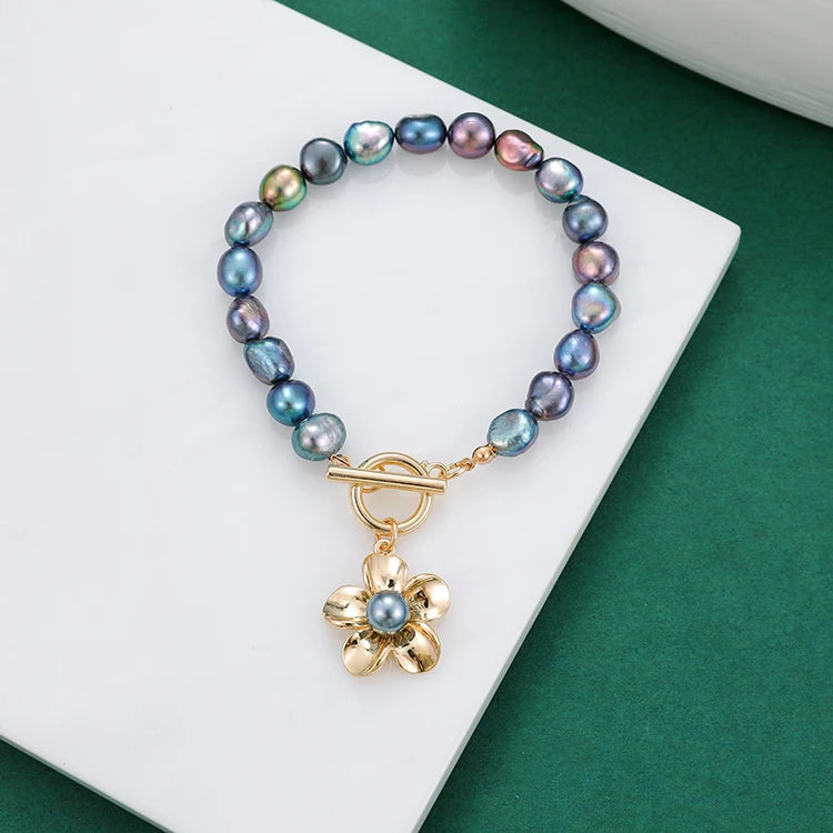 Adjustable Gemstone  Phone Bracelet Real Pearl and Gold Chain Bracelet Black Pearl Men Bracelets Clover