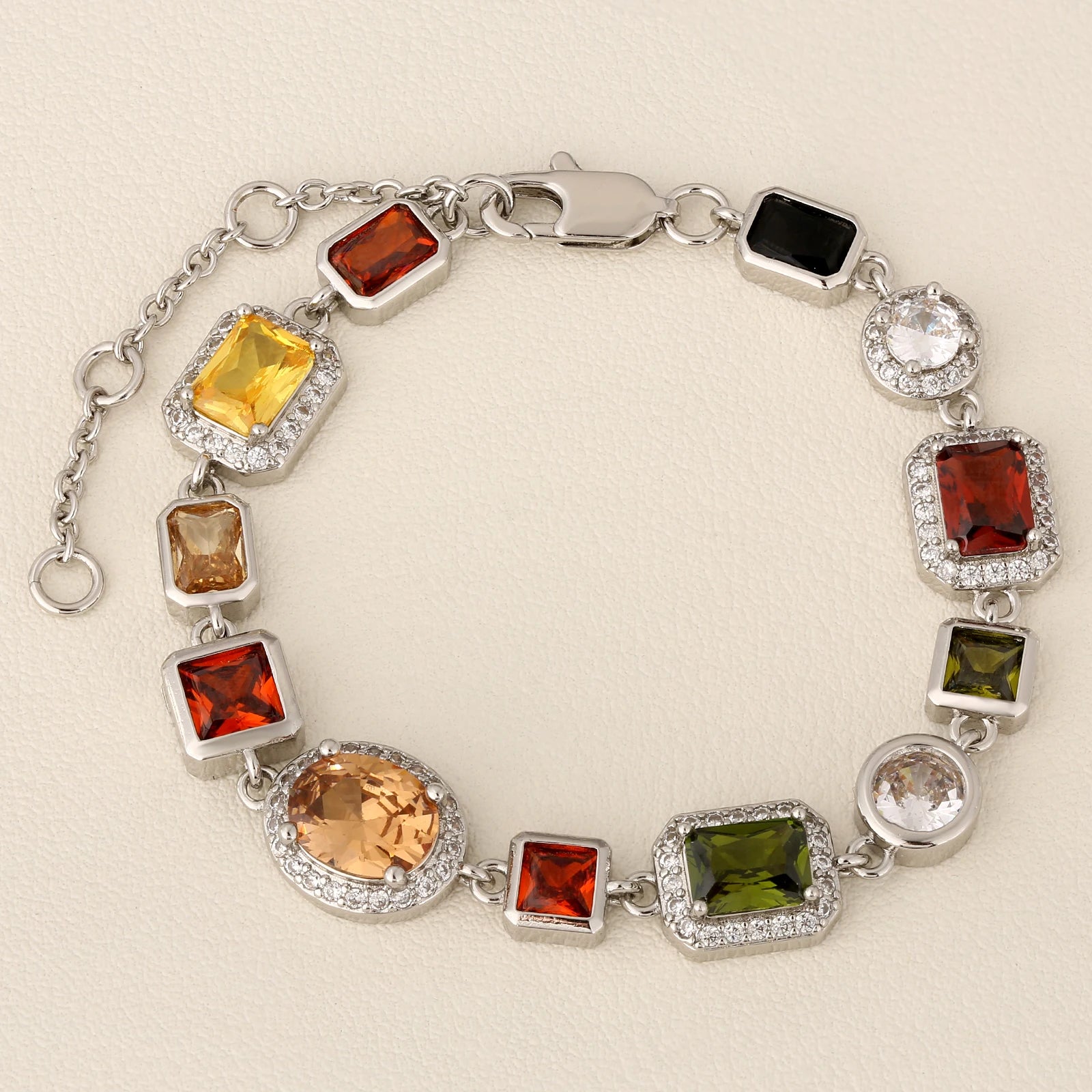 Multi Colored Gem Stone Chain White Gold Plated Vintage Women Choker Jewelry Colorful Rainbow Gemstone Bracelet Necklace Men