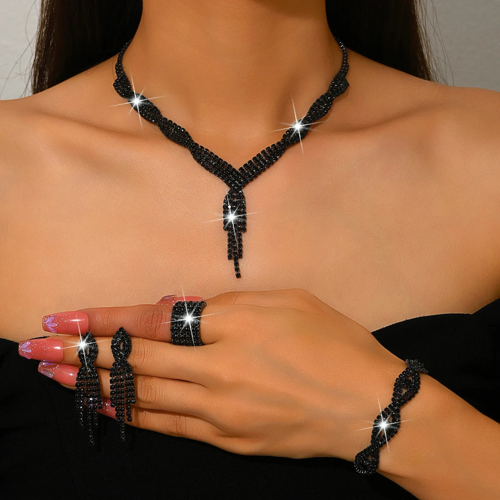 Hot Selling Wedding Accessories Black Necklace and Bracelet Sets Jewellery Rhinestones Bridal Jewelry Set for Wedding Women