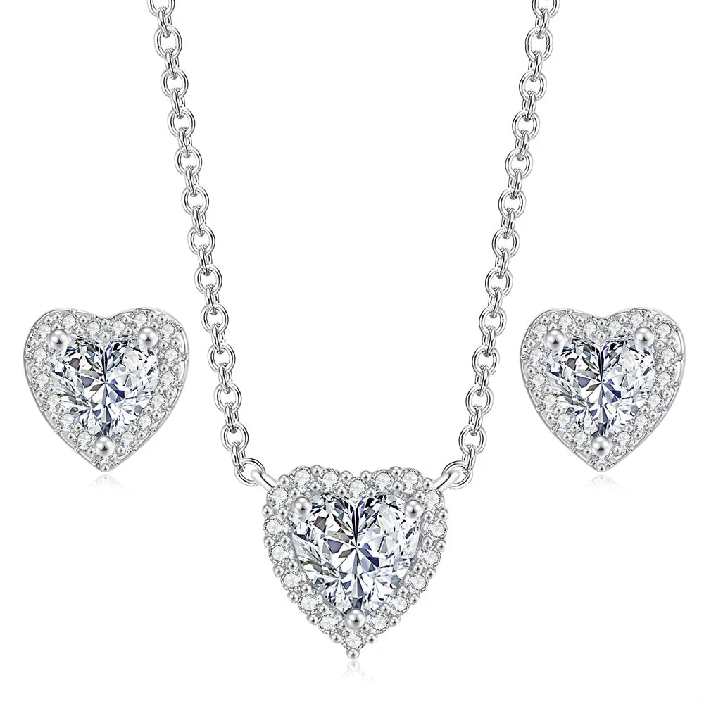 Fashion Trend Valentines Day Gift Heart Zircon Birthstone Necklace and Earring Jewellery Sets for Wedding Bridal