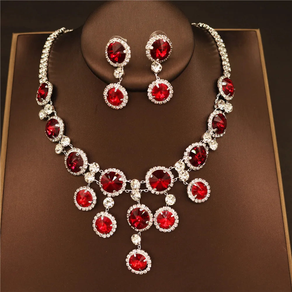 Green Women Crystal Necklace Earring Set Luxury Statement Bridal Party Jewelry Sets Formal Dress