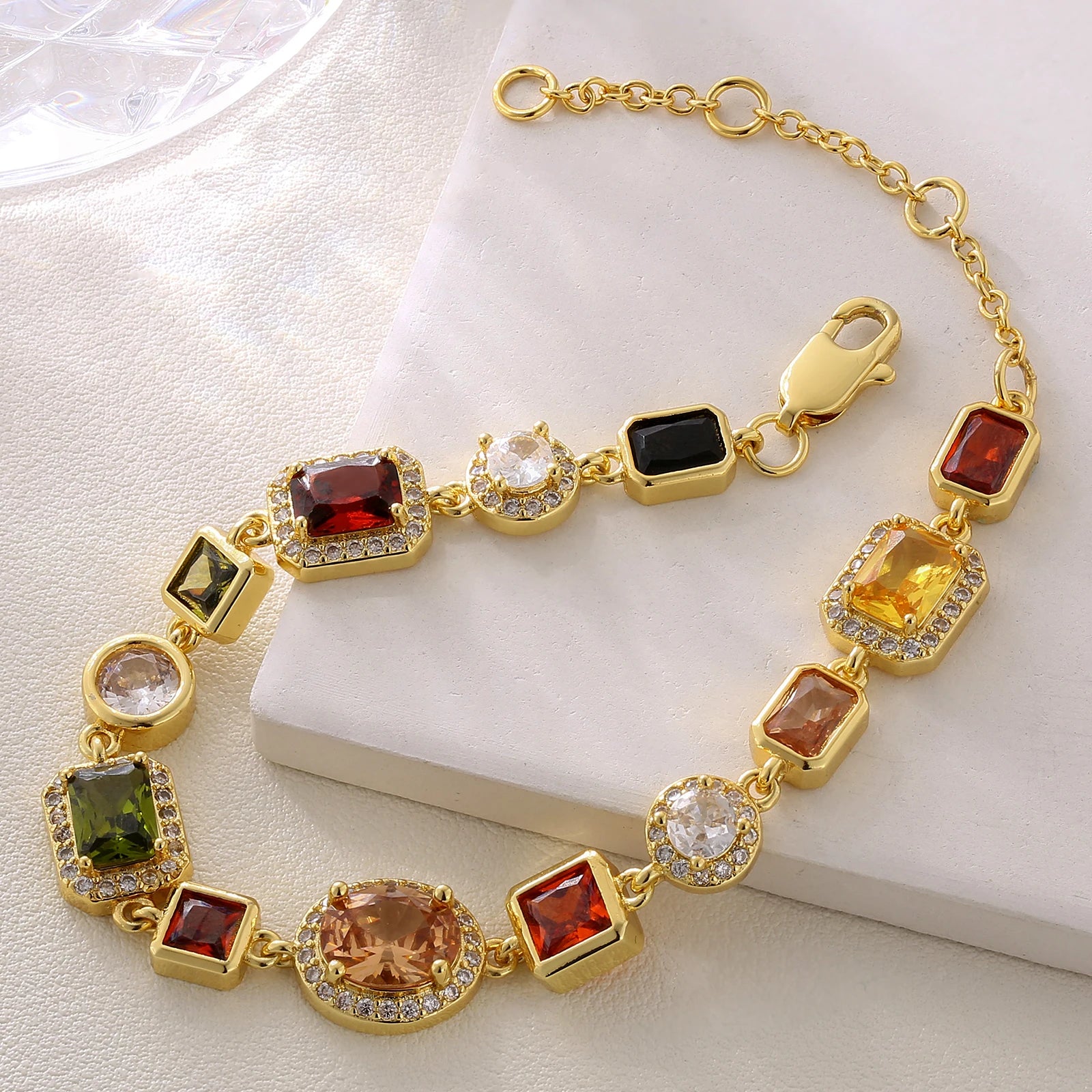 Multi Colored Gem Stone Chain White Gold Plated Vintage Women Choker Jewelry Colorful Rainbow Gemstone Bracelet Necklace Men