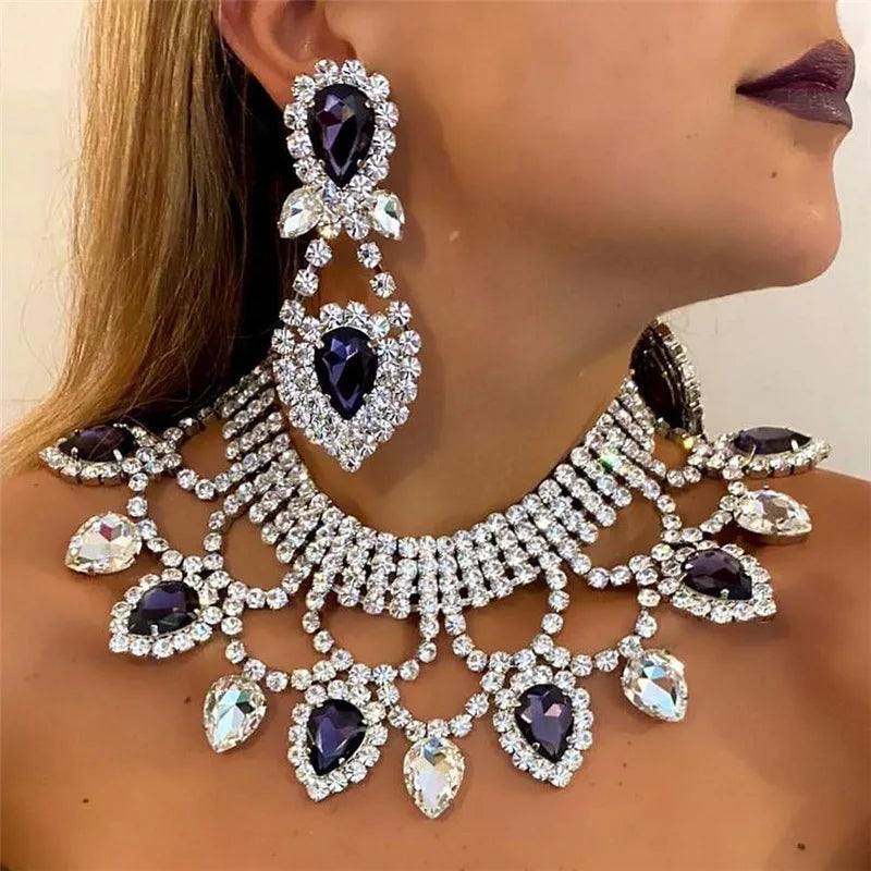 Green Women Crystal Necklace Earring Set Luxury Statement Bridal Party Jewelry Sets Formal Dress