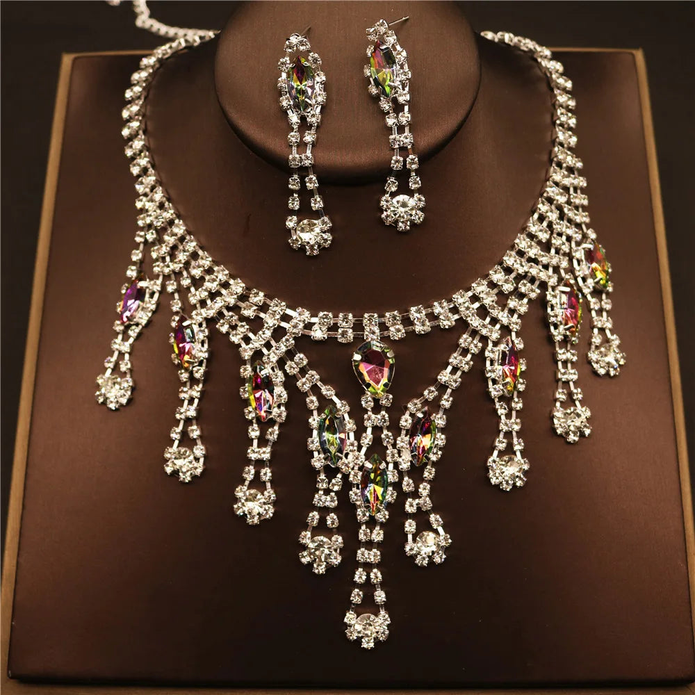 Green Women Crystal Necklace Earring Set Luxury Statement Bridal Party Jewelry Sets Formal Dress