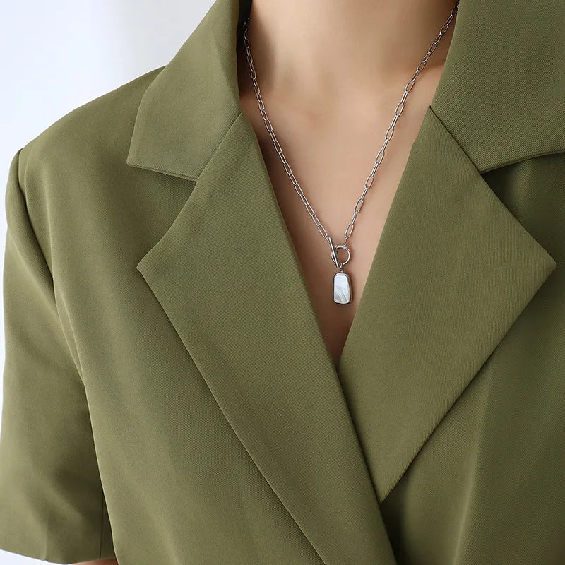 Korean Square Plate Diamond White Sea Shell Pendant Necklace 18K Gold Plated Geometric Earrings Necklace Jewelry Set