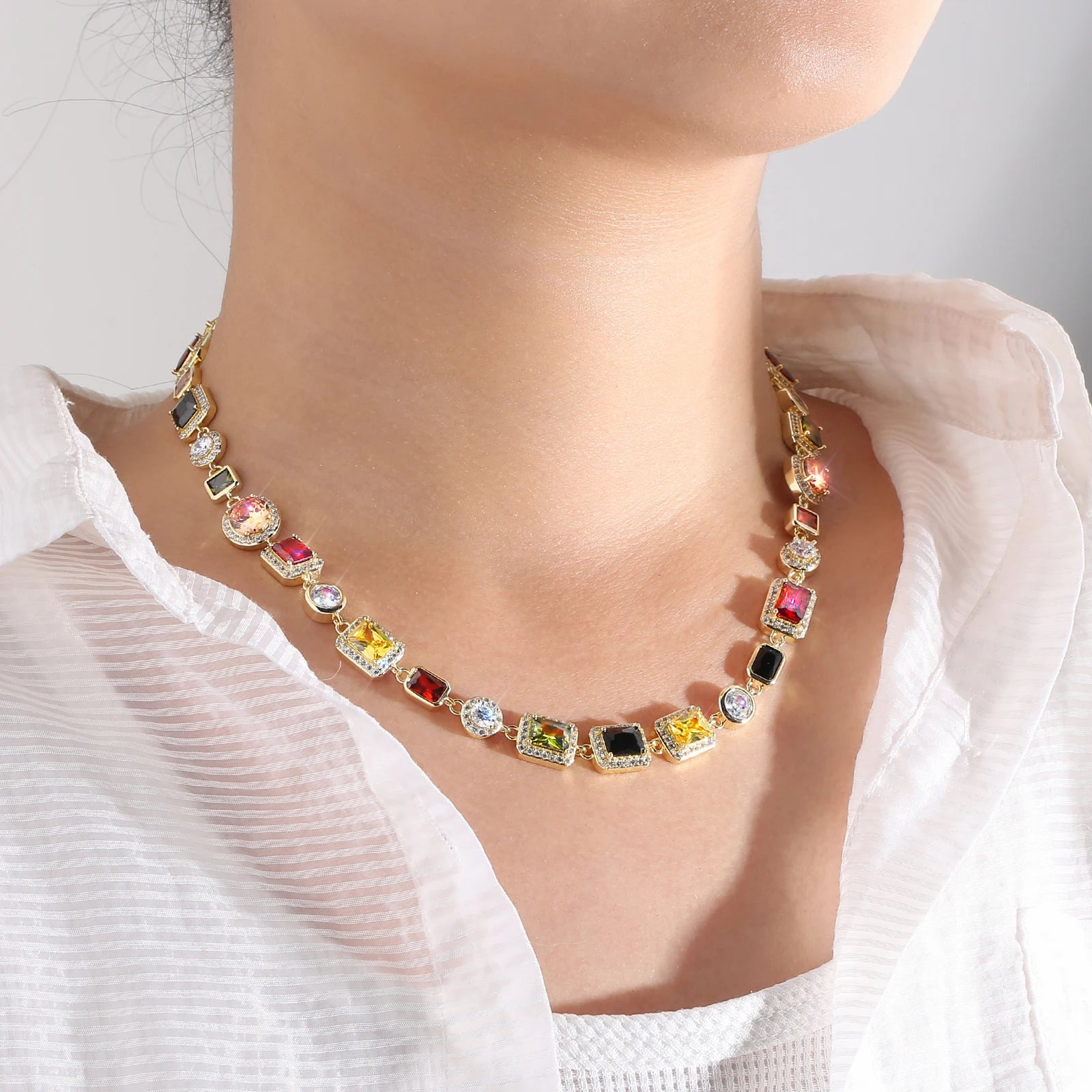 Multi Colored Gem Stone Chain White Gold Plated Vintage Women Choker Jewelry Colorful Rainbow Gemstone Bracelet Necklace Men
