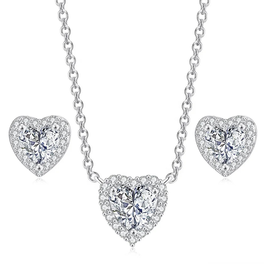Fashion Trend Valentines Day Gift Heart Zircon Birthstone Necklace and Earring Jewellery Sets for Wedding Bridal