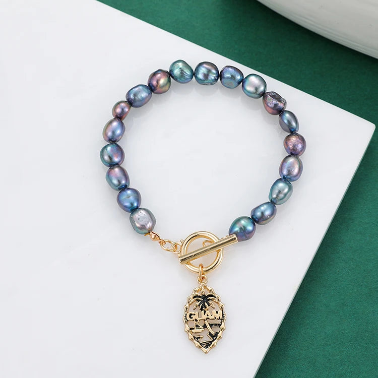 Adjustable Gemstone  Phone Bracelet Real Pearl and Gold Chain Bracelet Black Pearl Men Bracelets Clover