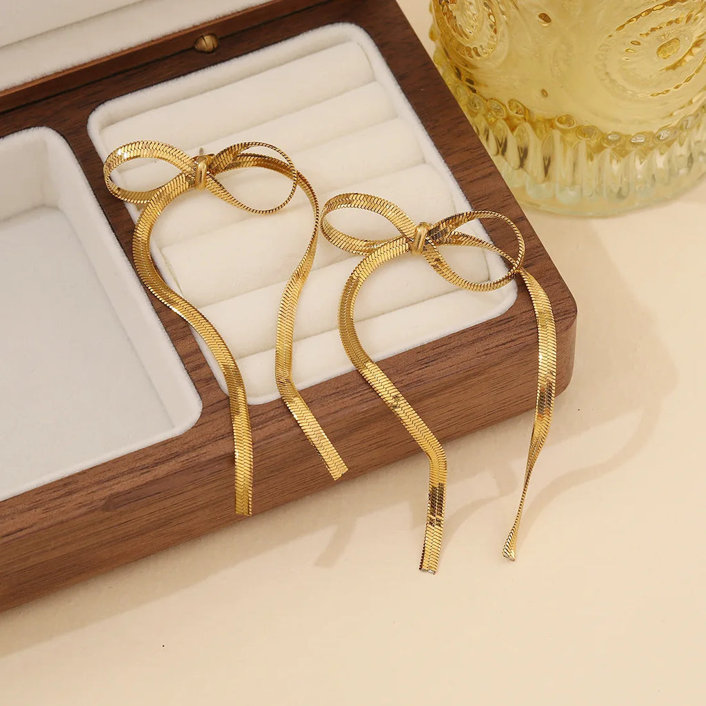 High Quality2024 Hot Snake Chain Bow Tassel Earrings Bow Necklace Elegant Bracelet Jewelry Set Stainless Steel Pvd Gold Necklace