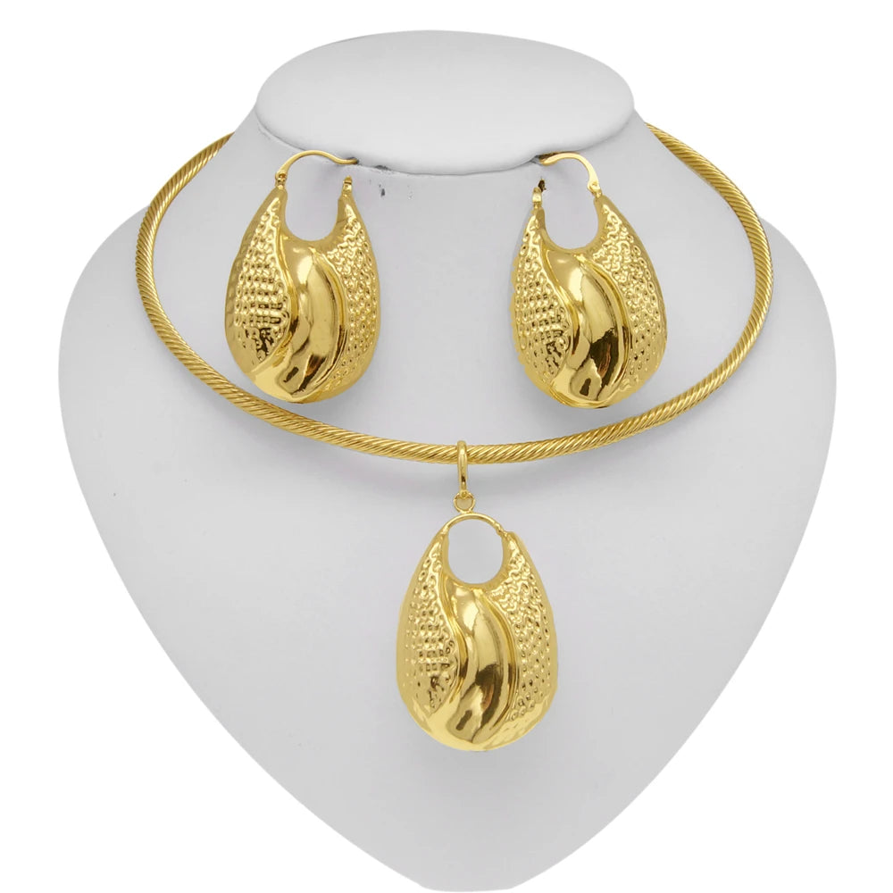 Yulaili Fashion Jewelry Set Gold-Tone Textured Teardrop Pendant Necklace &amp; Hoop Earrings