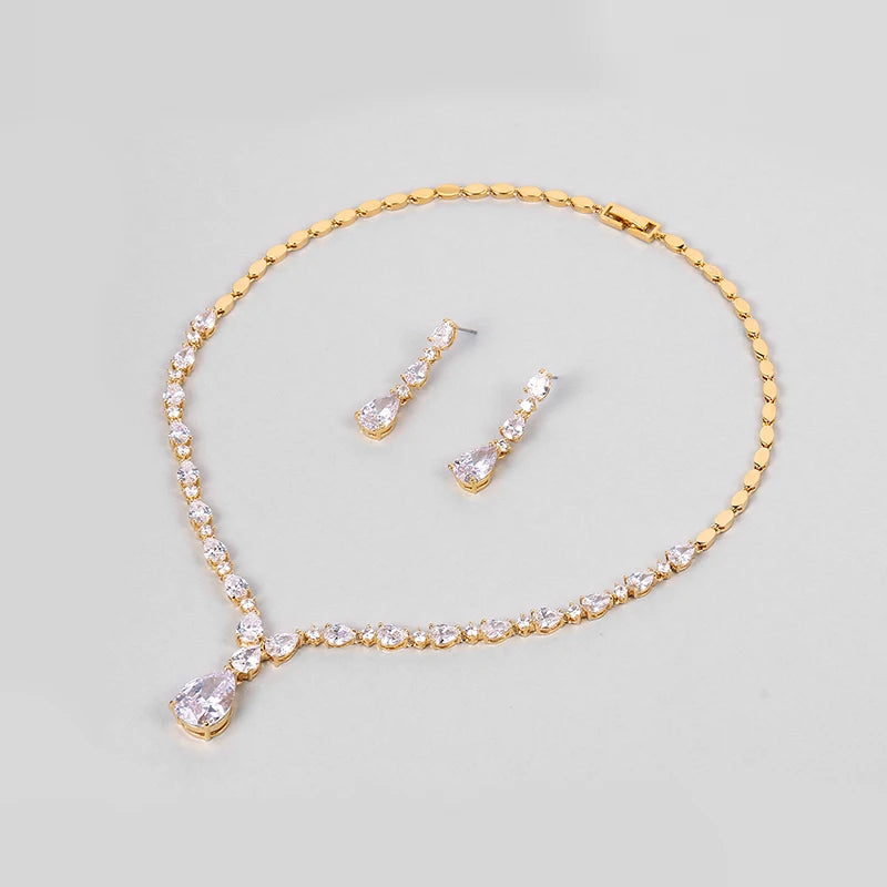 Top Quality 3A Cubic Zirconia Water Drop CZ Necklace and Drop Earring Bridal Wedding Jewelry Sets